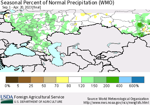 Russian Federation Seasonal Percent of Normal Precipitation (WMO) Thematic Map For 9/1/2022 - 4/20/2023