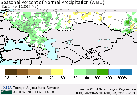 Russian Federation Seasonal Percent of Normal Precipitation (WMO) Thematic Map For 9/1/2022 - 5/10/2023