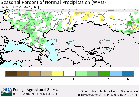 Russian Federation Seasonal Percent of Normal Precipitation (WMO) Thematic Map For 9/1/2022 - 5/20/2023