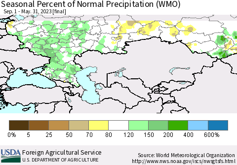 Russian Federation Seasonal Percent of Normal Precipitation (WMO) Thematic Map For 9/1/2022 - 5/31/2023
