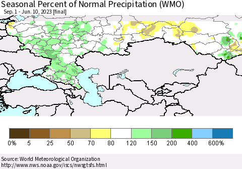 Russian Federation Seasonal Percent of Normal Precipitation (WMO) Thematic Map For 9/1/2022 - 6/10/2023