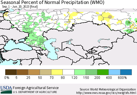 Russian Federation Seasonal Percent of Normal Precipitation (WMO) Thematic Map For 9/1/2022 - 6/20/2023
