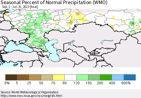 Russian Federation Seasonal Percent of Normal Precipitation (WMO) Thematic Map For 9/1/2022 - 7/31/2023