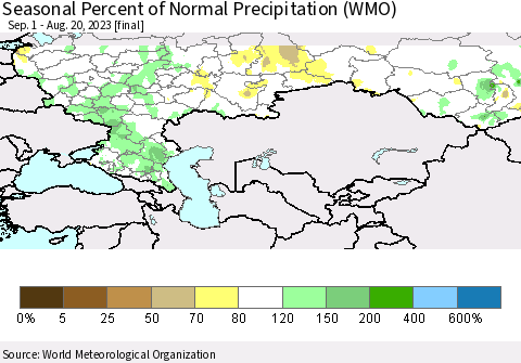 Russian Federation Seasonal Percent of Normal Precipitation (WMO) Thematic Map For 9/1/2022 - 8/20/2023
