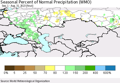 Russian Federation Seasonal Percent of Normal Precipitation (WMO) Thematic Map For 9/1/2022 - 8/31/2023