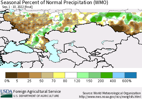 Russian Federation Seasonal Percent of Normal Precipitation (WMO) Thematic Map For 9/1/2022 - 9/10/2022