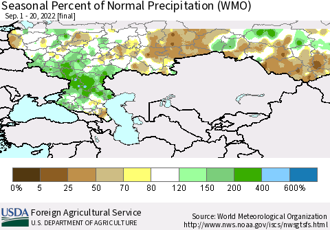Russian Federation Seasonal Percent of Normal Precipitation (WMO) Thematic Map For 9/1/2022 - 9/20/2022
