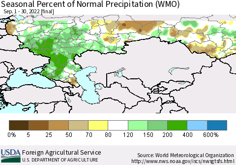 Russian Federation Seasonal Percent of Normal Precipitation (WMO) Thematic Map For 9/1/2022 - 9/30/2022