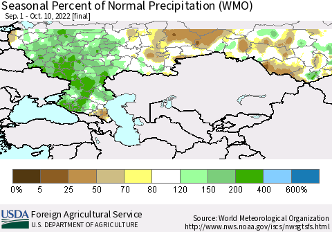 Russian Federation Seasonal Percent of Normal Precipitation (WMO) Thematic Map For 9/1/2022 - 10/10/2022