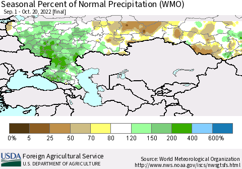 Russian Federation Seasonal Percent of Normal Precipitation (WMO) Thematic Map For 9/1/2022 - 10/20/2022