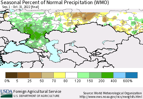 Russian Federation Seasonal Percent of Normal Precipitation (WMO) Thematic Map For 9/1/2022 - 10/31/2022