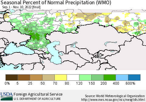 Russian Federation Seasonal Percent of Normal Precipitation (WMO) Thematic Map For 9/1/2022 - 11/10/2022