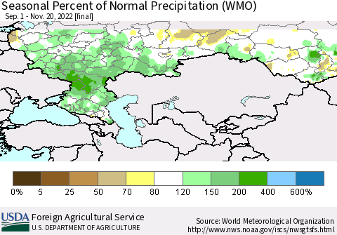 Russian Federation Seasonal Percent of Normal Precipitation (WMO) Thematic Map For 9/1/2022 - 11/20/2022