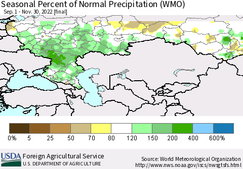 Russian Federation Seasonal Percent of Normal Precipitation (WMO) Thematic Map For 9/1/2022 - 11/30/2022