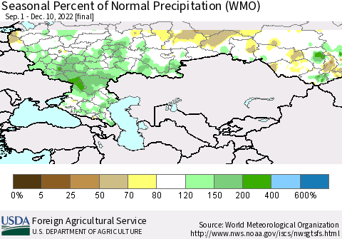 Russian Federation Seasonal Percent of Normal Precipitation (WMO) Thematic Map For 9/1/2022 - 12/10/2022