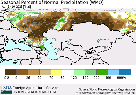 Russian Federation Seasonal Percent of Normal Precipitation (WMO) Thematic Map For 4/1/2023 - 4/10/2023
