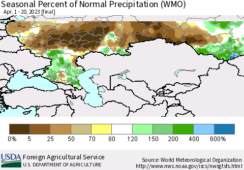 Russian Federation Seasonal Percent of Normal Precipitation (WMO) Thematic Map For 4/1/2023 - 4/20/2023