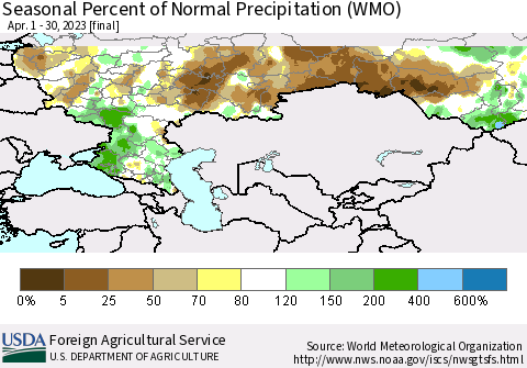 Russian Federation Seasonal Percent of Normal Precipitation (WMO) Thematic Map For 4/1/2023 - 4/30/2023
