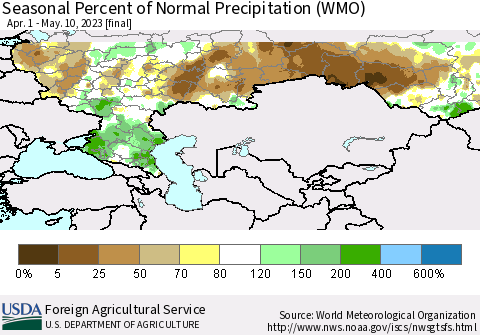 Russian Federation Seasonal Percent of Normal Precipitation (WMO) Thematic Map For 4/1/2023 - 5/10/2023