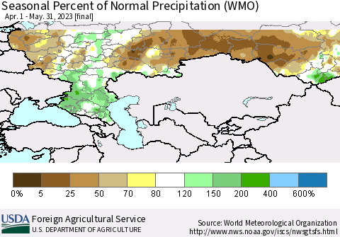Russian Federation Seasonal Percent of Normal Precipitation (WMO) Thematic Map For 4/1/2023 - 5/31/2023