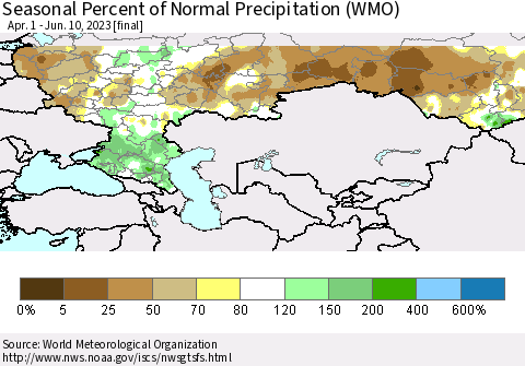 Russian Federation Seasonal Percent of Normal Precipitation (WMO) Thematic Map For 4/1/2023 - 6/10/2023