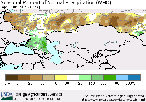 Russian Federation Seasonal Percent of Normal Precipitation (WMO) Thematic Map For 4/1/2023 - 6/20/2023