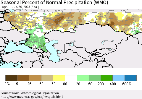Russian Federation Seasonal Percent of Normal Precipitation (WMO) Thematic Map For 4/1/2023 - 6/30/2023