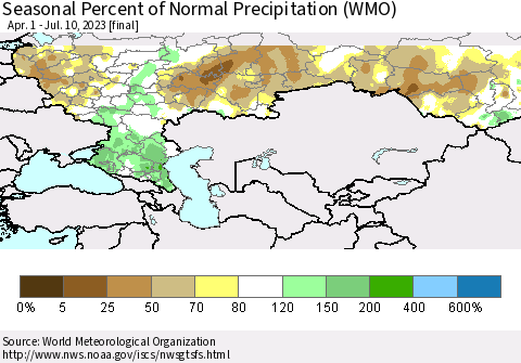 Russian Federation Seasonal Percent of Normal Precipitation (WMO) Thematic Map For 4/1/2023 - 7/10/2023