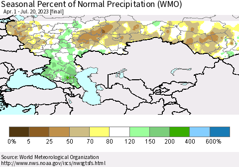 Russian Federation Seasonal Percent of Normal Precipitation (WMO) Thematic Map For 4/1/2023 - 7/20/2023
