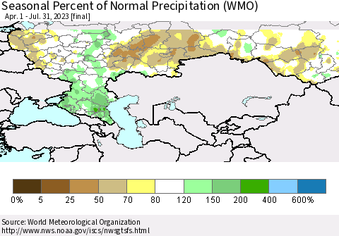 Russian Federation Seasonal Percent of Normal Precipitation (WMO) Thematic Map For 4/1/2023 - 7/31/2023