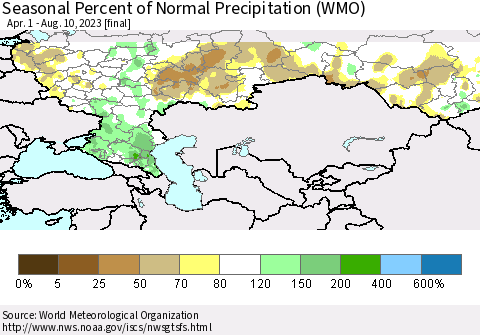 Russian Federation Seasonal Percent of Normal Precipitation (WMO) Thematic Map For 4/1/2023 - 8/10/2023