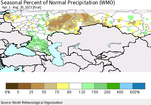Russian Federation Seasonal Percent of Normal Precipitation (WMO) Thematic Map For 4/1/2023 - 8/20/2023