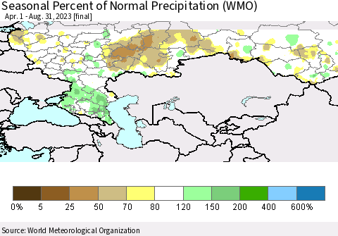 Russian Federation Seasonal Percent of Normal Precipitation (WMO) Thematic Map For 4/1/2023 - 8/31/2023