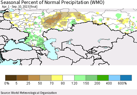 Russian Federation Seasonal Percent of Normal Precipitation (WMO) Thematic Map For 4/1/2023 - 9/10/2023