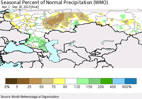 Russian Federation Seasonal Percent of Normal Precipitation (WMO) Thematic Map For 4/1/2023 - 9/20/2023
