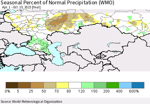 Russian Federation Seasonal Percent of Normal Precipitation (WMO) Thematic Map For 4/1/2023 - 10/10/2023