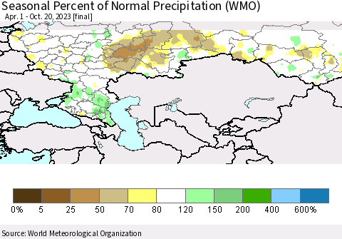 Russian Federation Seasonal Percent of Normal Precipitation (WMO) Thematic Map For 4/1/2023 - 10/20/2023