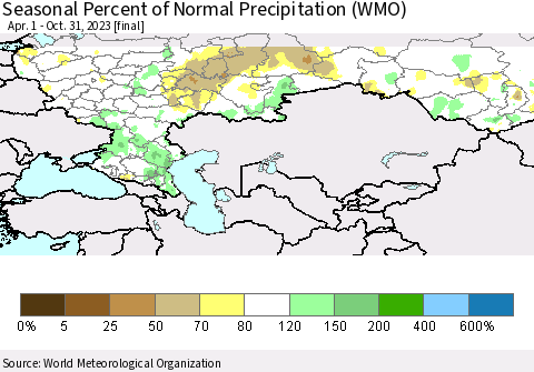Russian Federation Seasonal Percent of Normal Precipitation (WMO) Thematic Map For 4/1/2023 - 10/31/2023