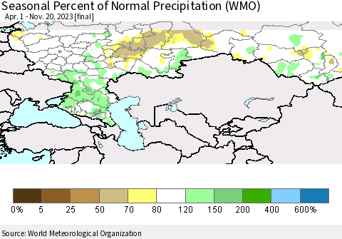 Russian Federation Seasonal Percent of Normal Precipitation (WMO) Thematic Map For 4/1/2023 - 11/20/2023