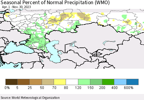Russian Federation Seasonal Percent of Normal Precipitation (WMO) Thematic Map For 4/1/2023 - 11/30/2023