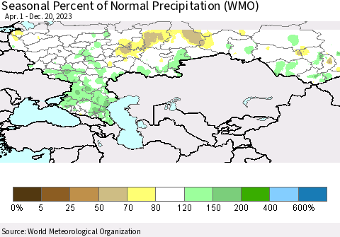 Russian Federation Seasonal Percent of Normal Precipitation (WMO) Thematic Map For 4/1/2023 - 12/20/2023