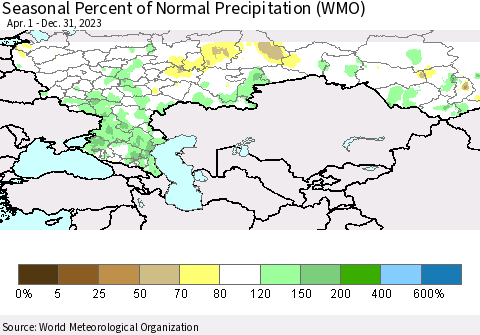 Russian Federation Seasonal Percent of Normal Precipitation (WMO) Thematic Map For 4/1/2023 - 12/31/2023