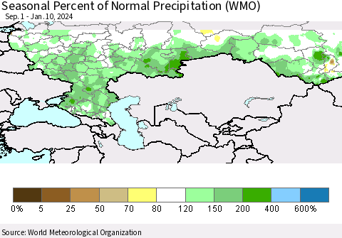 Russian Federation Seasonal Percent of Normal Precipitation (WMO) Thematic Map For 9/1/2023 - 1/10/2024