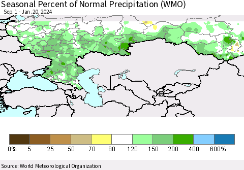Russian Federation Seasonal Percent of Normal Precipitation (WMO) Thematic Map For 9/1/2023 - 1/20/2024
