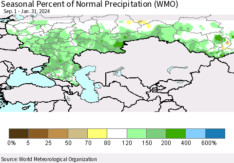 Russian Federation Seasonal Percent of Normal Precipitation (WMO) Thematic Map For 9/1/2023 - 1/31/2024