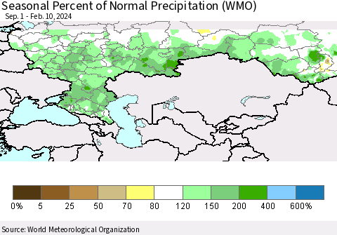 Russian Federation Seasonal Percent of Normal Precipitation (WMO) Thematic Map For 9/1/2023 - 2/10/2024