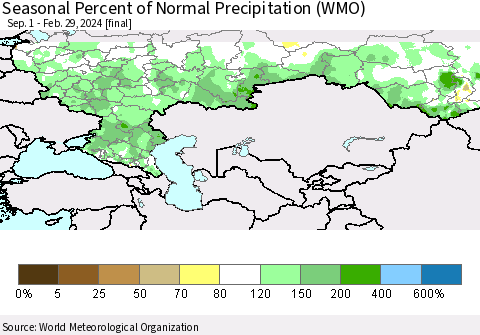 Russian Federation Seasonal Percent of Normal Precipitation (WMO) Thematic Map For 9/1/2023 - 2/29/2024