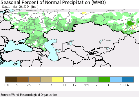Russian Federation Seasonal Percent of Normal Precipitation (WMO) Thematic Map For 9/1/2023 - 3/20/2024