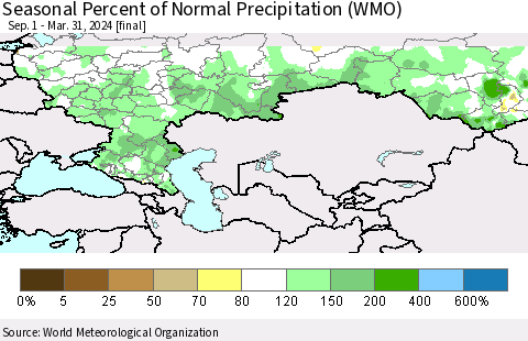 Russian Federation Seasonal Percent of Normal Precipitation (WMO) Thematic Map For 9/1/2023 - 3/31/2024