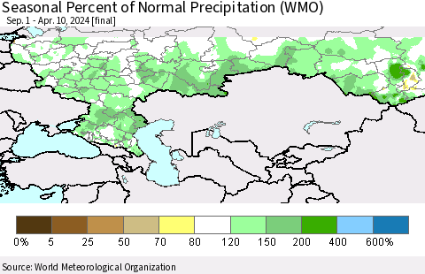 Russian Federation Seasonal Percent of Normal Precipitation (WMO) Thematic Map For 9/1/2023 - 4/10/2024